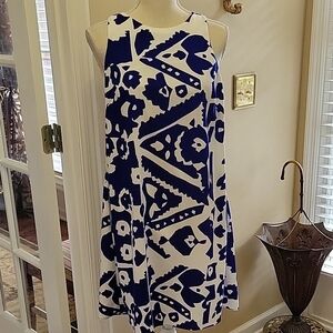 Ralph Lauren Blue White Sleeveless A-Line Dress round neck pleated in back 8 EUC